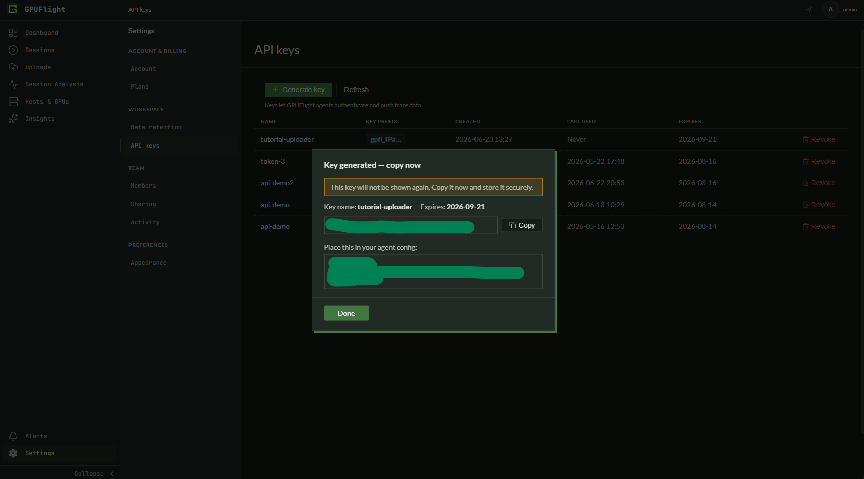 Generated API key dialog with copy button