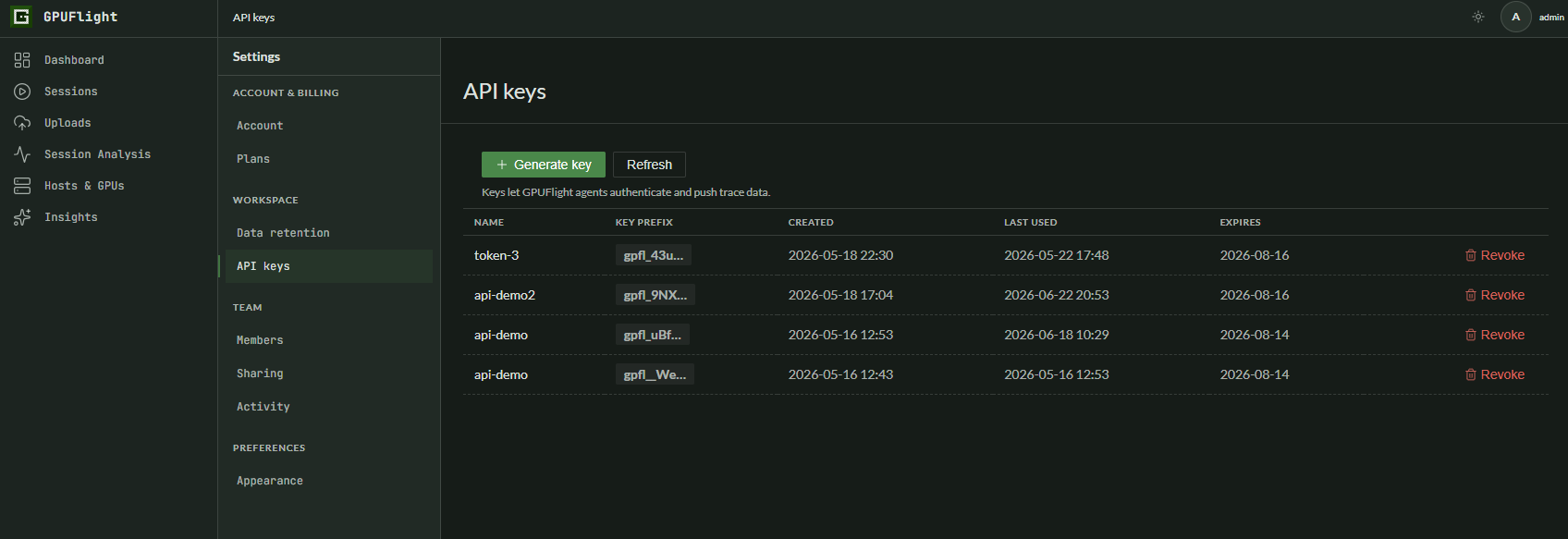 API keys settings page in the GPUFlight dashboard