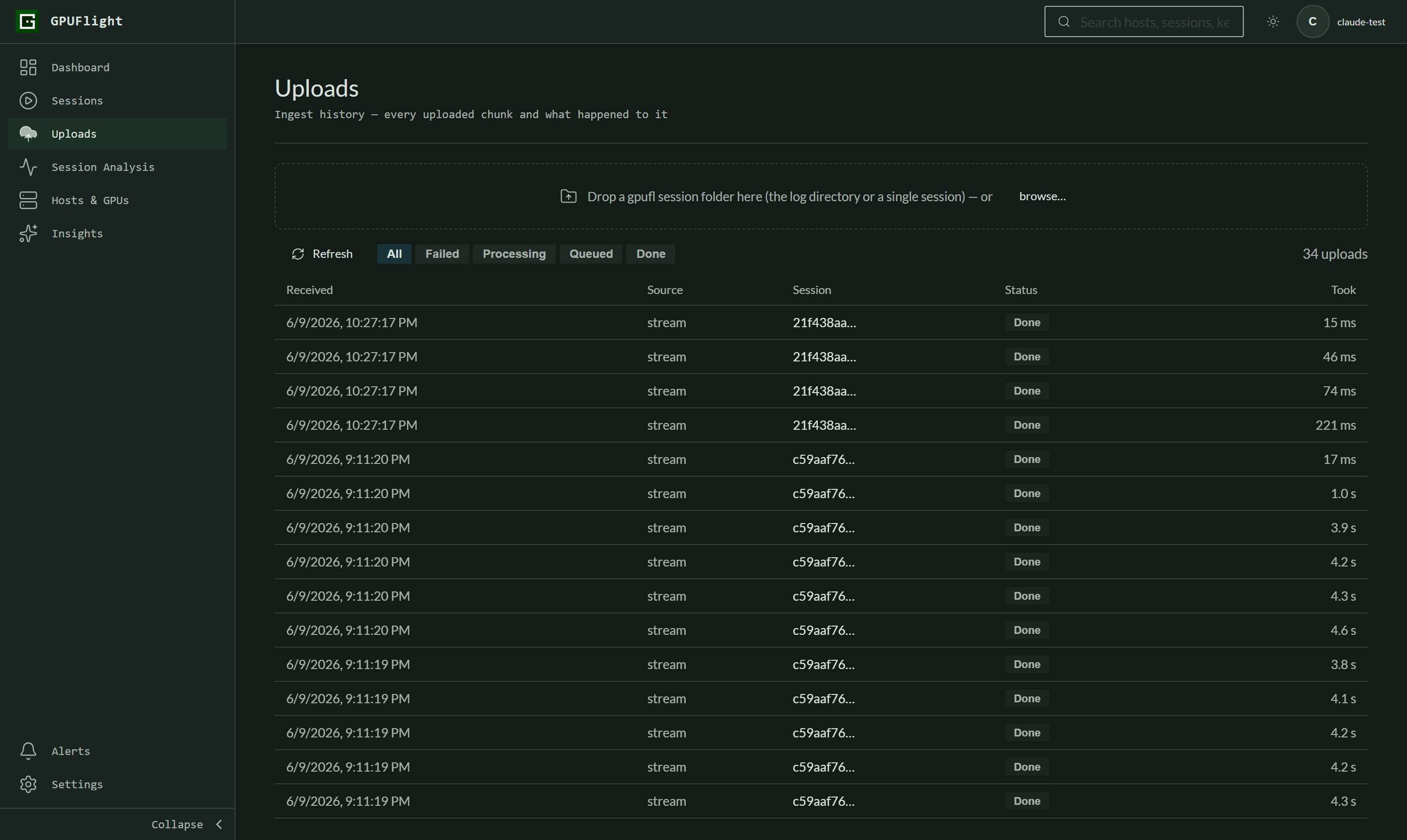 The Uploads page with the drop zone and the live ingest history