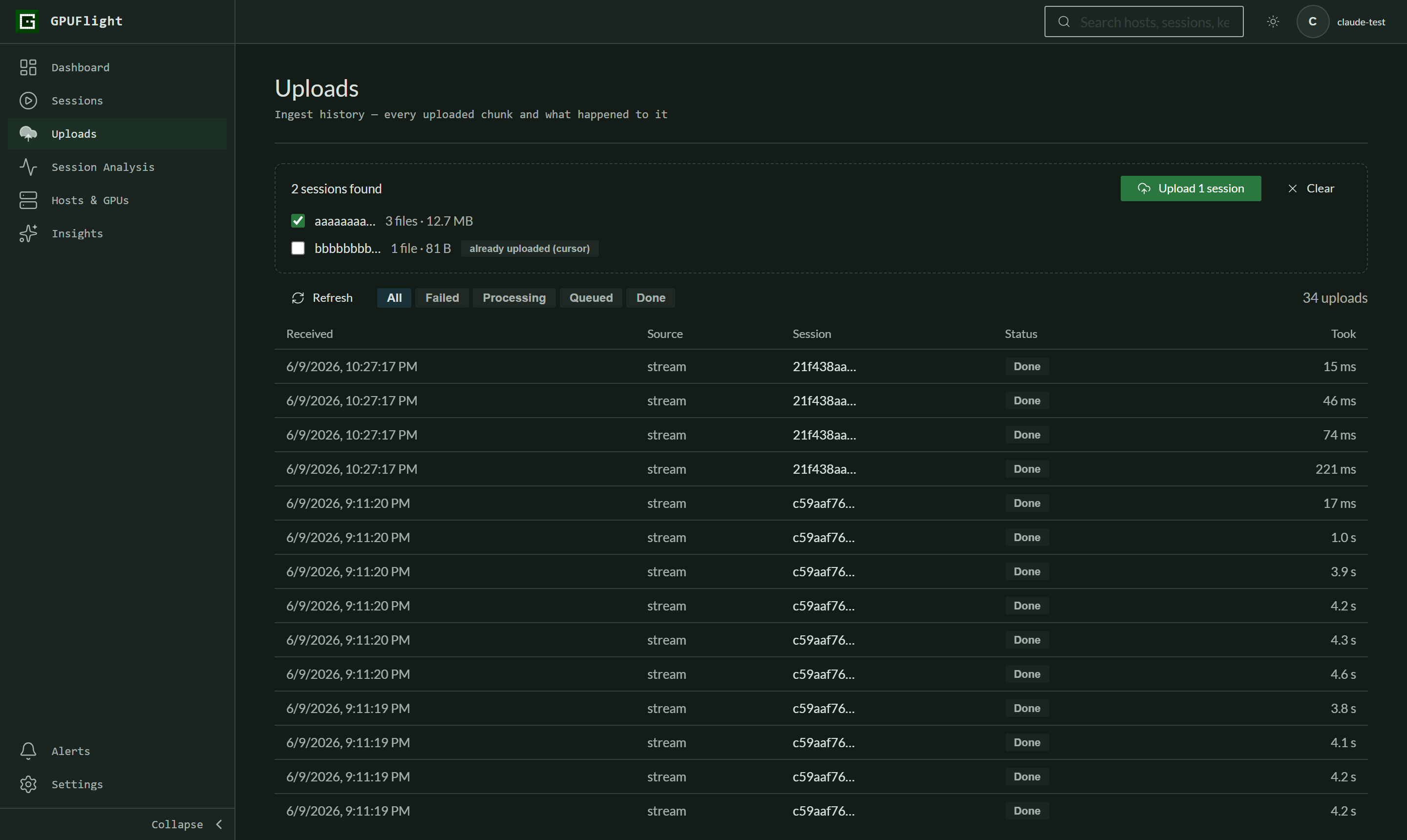 Two sessions found, one pre-deselected because the cursor file marks it uploaded