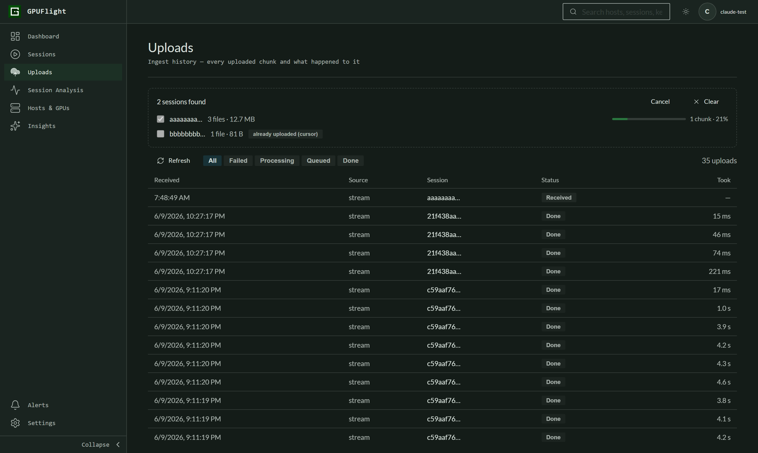 Per-session progress bar with chunk count, and the first chunks already appearing in the history