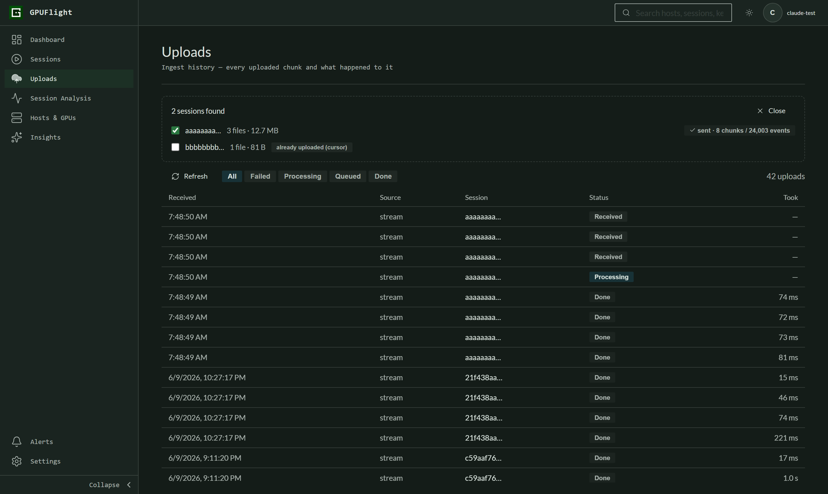 Upload finished: sent summary on the session, history rows draining from Received to Done