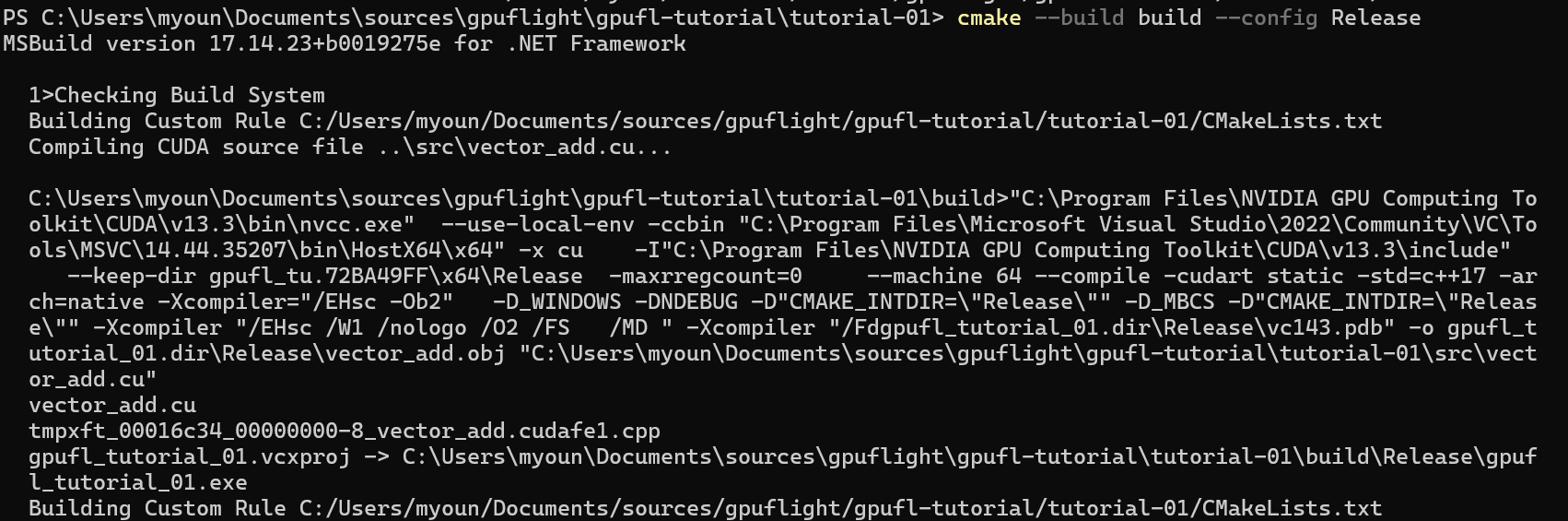 Release build output for the CUDA vector-add sample on Windows