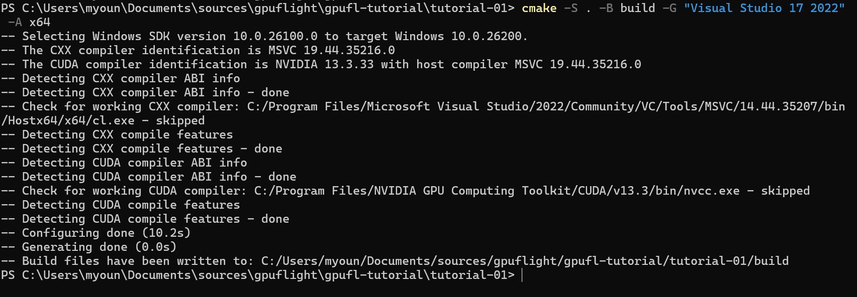 CMake configure output for the CUDA vector-add sample on Windows