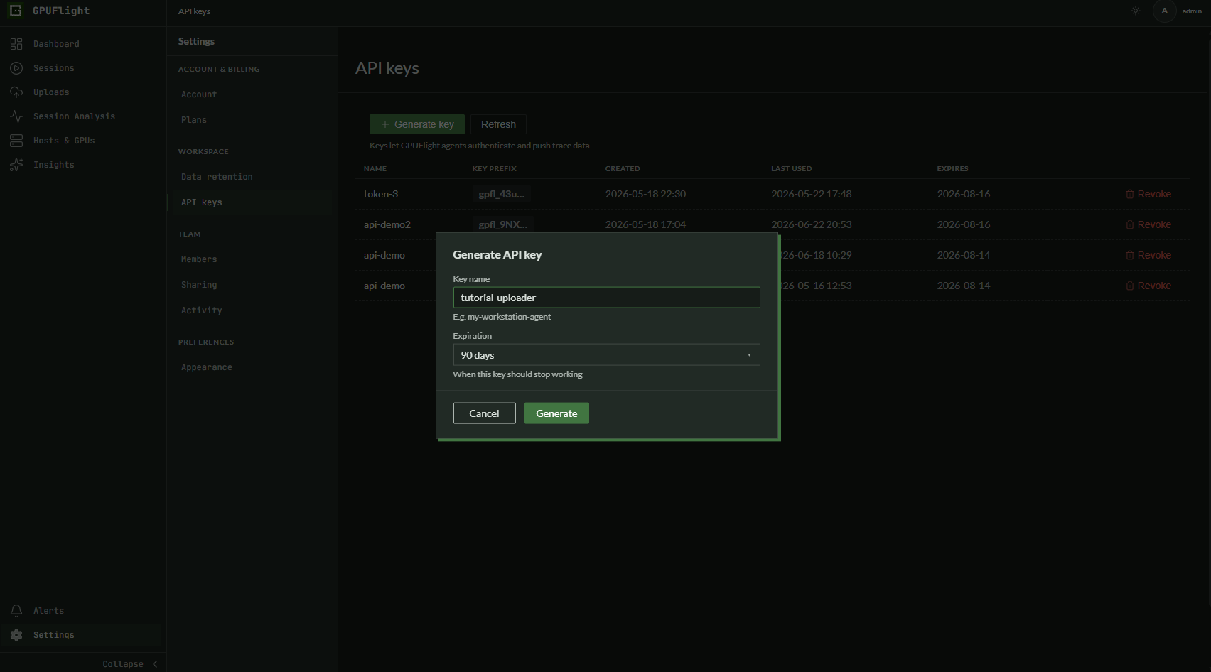 Generate API key dialog with a tutorial-uploader key name