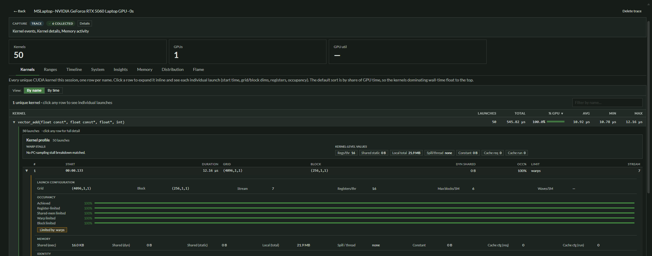 Kernel events view for the uploaded vector-add trace