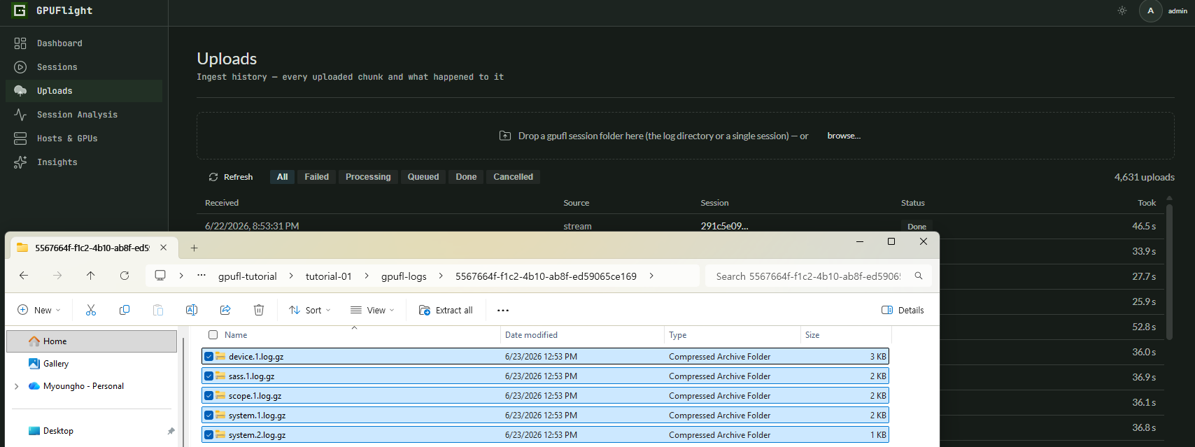 Selecting compressed GPUFlight log files from the generated session folder
