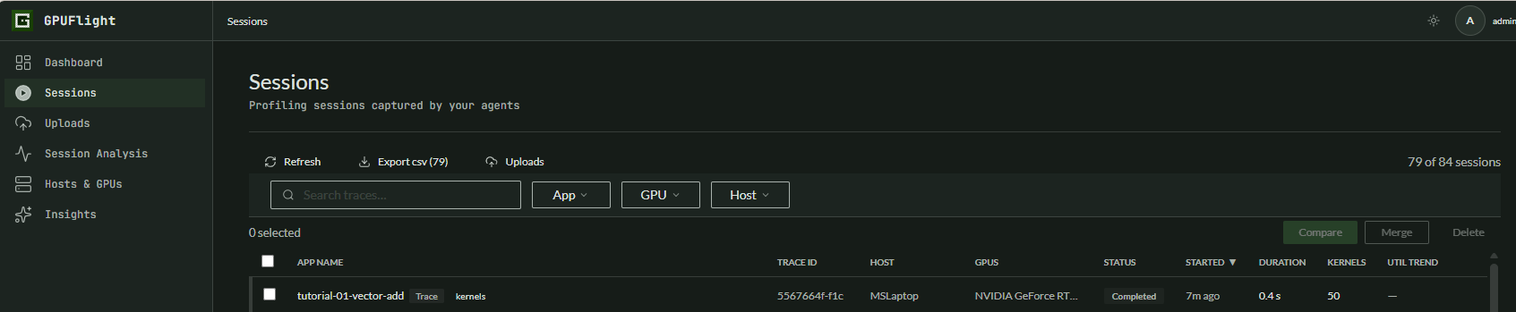 Sessions page showing the tutorial session completed