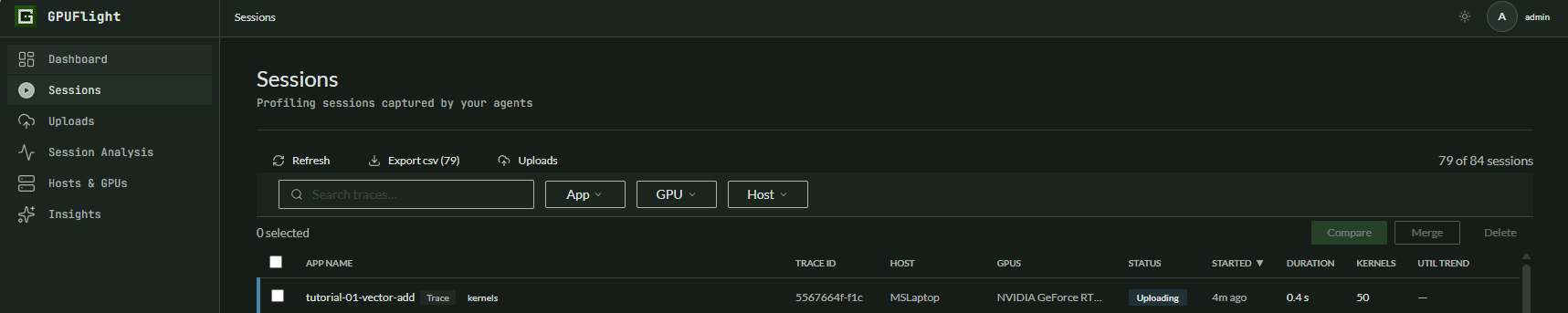 Sessions page showing the uploaded tutorial session while it is still processing