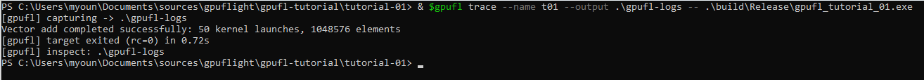 Running the CUDA sample through gpufl trace on Windows