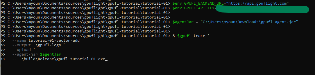 PowerShell command setting GPUFlight upload environment variables and running gpufl trace with agent upload