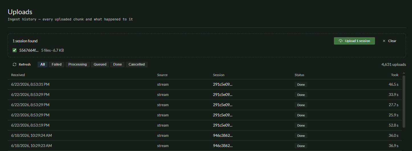 Upload page showing one discovered session before upload