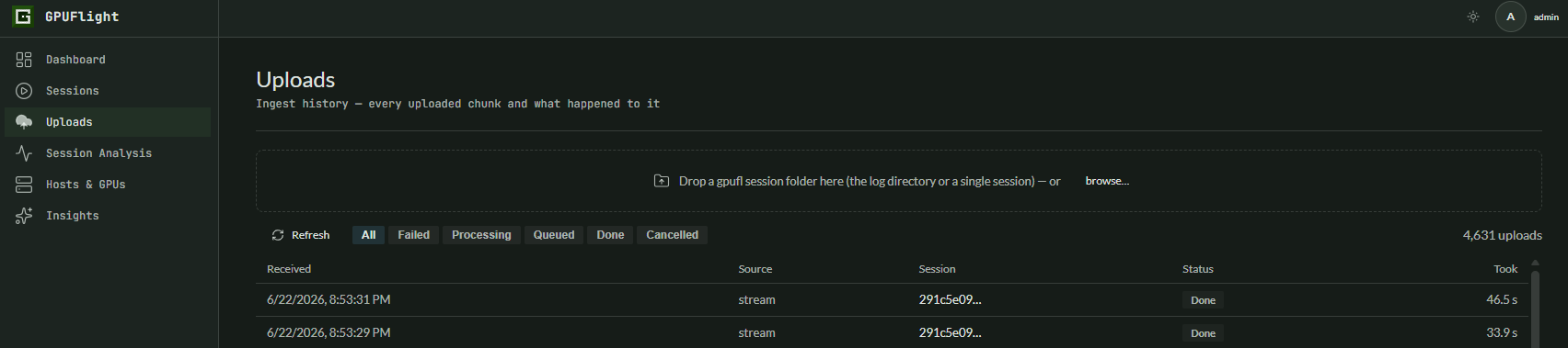 Uploads page with the drop zone for gpufl session folders